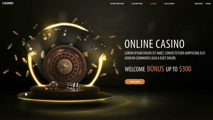 Online casino, black banner with welcome bonus, button, casino roulette wheel with black playing cards, dice and chips on gold podium with yellow neon ring on background