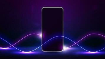 Smartphone on floor in empty scene with neon wave line lasers vector