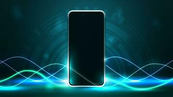 Smartphone in empty green scene with neon wave line lasers around vector