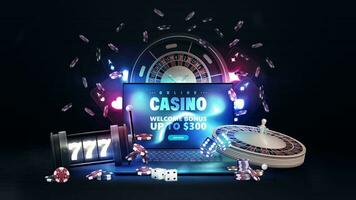 Casino poster with laptop, slot machine, neon playing cards, roulette, dice and poker chips on dark background vector