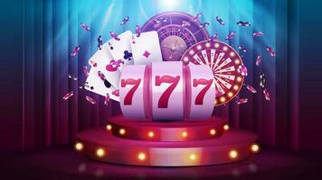 Cartoon red round podium with Casino slot machine, Wheel Fortune, Roulette wheel, poker chips and playing cards on background with curtain and spotlight vector