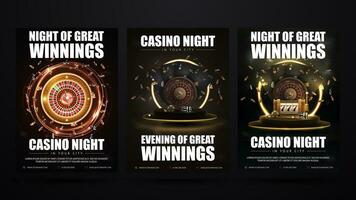 Casino night, set of invitation black posters with casino elements. Posters with Casino Roulette wheel, playing cards, slot machine and poker chips vector