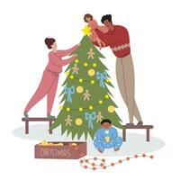 Navidad ilustración con un interracial familia decorando el Navidad árbol. mamá, papá, hijo y hija son preparando para Navidad. pequeño niña poniendo un estrella en el Navidad árbol vector