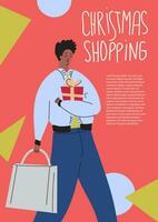 Navidad compras póster modelo. ilustración con afro americano hombre con compras y regalos. dibujos animados personaje con regalos vector