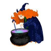 Witch cooking the potion in the cauldron isolated on white background. Halloween illustration painted with chalk vector