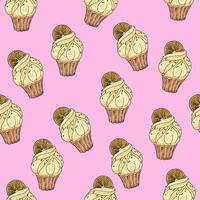 Seamless pattern cupcake with citrus cream and orange slice on pink background. Muffin with topping vector