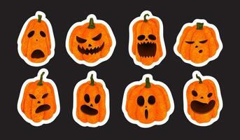 Jack O'Lantern sticker pack. Carved face pumpkin with different emotions. Angry, skeptical, surprised, sad, stupid, displeased pumpkin face vector