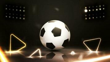 Gold and black scene with football ball and line neon gold triangles around vector