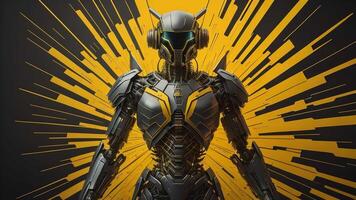 a female robot with yellow rays in the background. photo