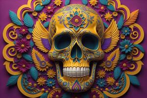 Mexican skull with colorful floral pattern. generative ai photo