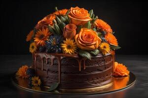 Chocolate cake decorated with orange roses and flowers on a black background. generative ai photo