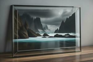 Glass picture frame on a solid color background. ai generative photo