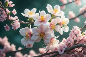 cherry blossom sakura flower on blue sky background, ai generative photo