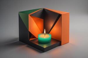 a cube with a candle in a dark room. photo