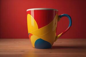 Colorful cup on a wooden table. photo