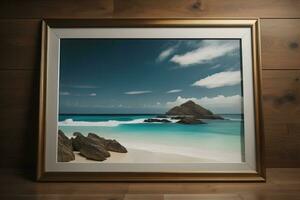 Glass picture frame on a solid color background. ai generative photo
