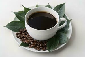 Coffee cup and coffee beans on a wooden table, top view. ai generative photo