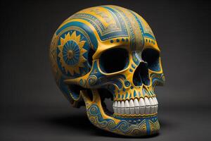 Skull with blue and gold pattern on black background. photo
