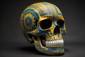 Skull with blue and gold pattern on black background. generative ai photo