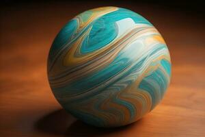 Colorful marble ball on a solid colour background. Close-up. ai generative photo