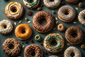 Variety of donuts on a solid color background. Top view. ai generative photo