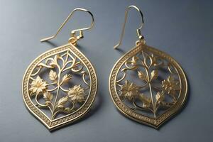 Earrings made of gold on a solid color background close up. ai generative photo