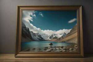 Glass picture frame on a solid color background. ai generative photo