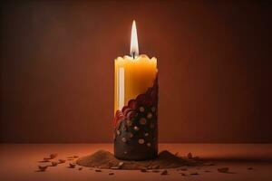 Creative burning candle on a wooden background. ai generative photo