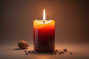 Burning aroma candle on wooden table against solid color background, copyspace. ai generative photo