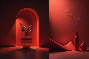 vase with plant and arch in red room. generative ai photo