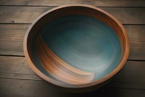 Empty wooden bowl on wooden background. Top view. Copy space. ai generative photo