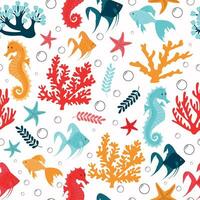 Seamless pattern with corals and cute sea inhabitants, seahorses, fishes and starfish. vector