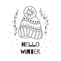 Hello winter text and knitted woolen cap. Seasonal shopping concept design for banner or label. Hand sketched Winter design element on white Hand drawn hat Christmas time Isolated vector illustration.