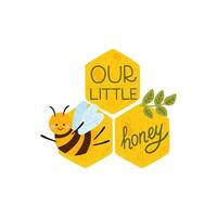 Cute bee Baby shower decorative element for kids birthday card with text Our little honey, flowers. Sweet hand drawn yellow honeycomb. Perfect for girls and boys boys. Vector Bee day illustration.