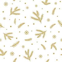 Winter branch seamless pattern. Gold snowflakes, golden fir branches on white background Hand drawn elegant simple design. Christmas tree branches coniferous New Year texture. Vector illustration.