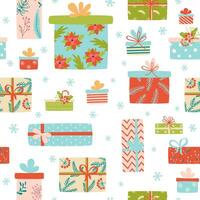 regalo Navidad modelo. linda Navidad, contento nuevo año sin costura modelo con regalo cajas vistoso Navidad regalos antecedentes en dibujos animados estilo textil envolver papel diseño modelo vector ilustración.