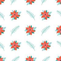 Christmas flower patterns seamless background with poinsettia flowers on white, blue branches. Holly Christmas design Pretty fabric wallpaper textile texture. Hand drawn cartoon. Vector illustration.