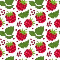 Raspberry seamless pattern. Vector summer berries repeat background, wallpaper, fresh fruit print, wrap paper, package design, textile. Juicy illustration. Cute hand drawn raspberries and leaves.