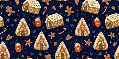 Christmas gingerbread houses seamless patterns on dark blue repeat background. Cute gingerbread cookies. Vector winter print. Christmas repeating texture, surface design, wallpaper, fabric, wrap paper