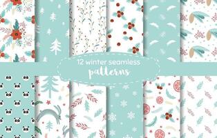 Christmas plant pattern. Blue winter time seamless backgrounds. Endless texture for wallpaper, web page background, wrapping paper Cartoon style. Tree snow leaves berries, poinsettia, rabbit forest. vector