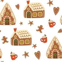 Christmas gingerbread houses seamless patterns. Cute gingerbread cookies repeat background. Winter holiday vector print. Christmas repeating texture for surface design, wallpapers, fabrics, wrap paper