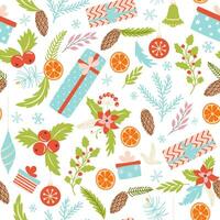 Cute Christmas branches seamless pattern Coniferous spruce branches gifts, cone, poinsettia, berry background Hand drawn New Year elements. Colorful cartoon style. Vector illustration design template.