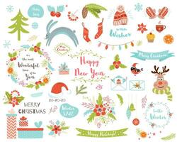 Navidad elementos conjunto nuevo año clipart Papa Noel sombrero ciervo árbol de pieles coronas Conejo Navidad ramas ramo de flores regalos frases linda saludo tarjeta, fiesta invitación, póster etiqueta, pegatinas vector ilustración.