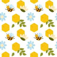 Vector honey bee seamless pattern. Bee floral yellow repeat background. Cute hand drawn summer meadow flowers, sweet honeycomb illustration for surface design, textile, fabric, package, wrap paper.