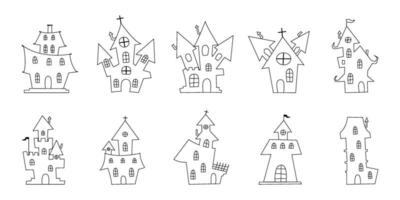 Set of  Line art Haunted House. scary Halloween house collection vector