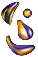 abstract liquid, drops, clot. Metallic sheen, 3D volume. Vector illustration, sticker, set. Purple, orange and yellow metal, liquid