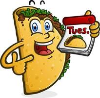 Taco cartoon character mascot pointing and holding a calendar for Taco Tuesday clip art vector