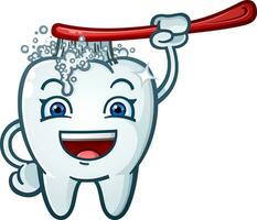 Happy Sparkling Smiling Tooth Cartoon Character brushing his head with a big red toothbrush with bubbly toothpaste suds vector