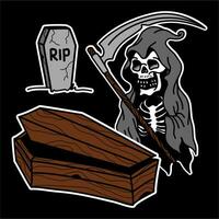 set of grim reaper, Coffin, Tombstone Design element for logo, poster, card, banner, emblem, t shirt. Vector illustration