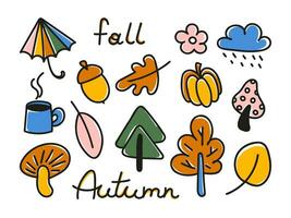 Childish autumn doodle set vector illustration isolated